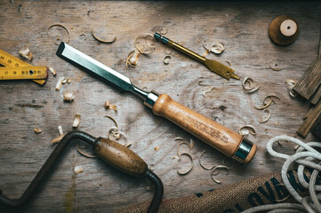 Wood working tools on a wooden background 4