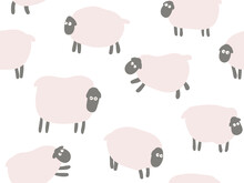 Minimalistic Vector Seamless Pattern With Pink Sheep On A White Background