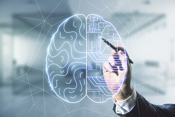 Wall Mural - double exposure of man hand with pen working with creative artificial intelligence interface on blur