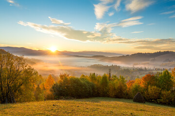 Wall Mural - Beautiful Morning Mountain valley at sunrise. The sun rises and illuminates the colorful trees. Autumn. Carpathian Mountains, Ukraine, Europe