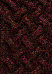 Wall Mural - Texture of smooth knitted dark sweater with pattern. Top view, close-up. Handmade knitting wool or cotton fabric texture. Background of knitting patterns with a vertical large Braid Cable.