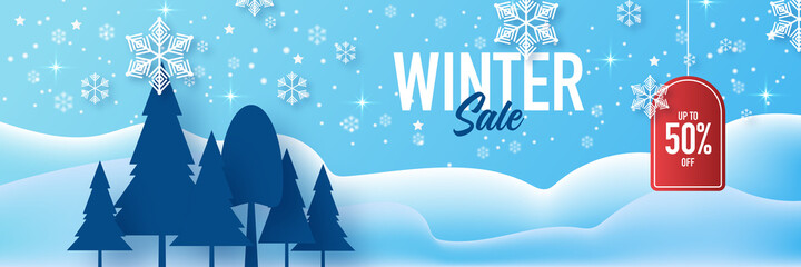 Colorful christmas banners with cute winter illustrations. Winter sale banner with snow flakes, ice snow shopping sale. Concept horizontal banner vector illustration.