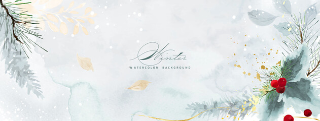Christmas watercolor natural art background and golden splash