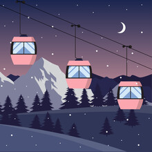 Pink ski cabin lift for mountain skiers and snowboarders moves in the air on a cableway on the background of winter snow capped mountains. Night landscape. Vector illustration