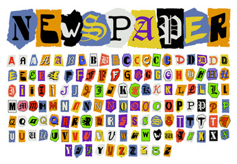 alphabet collage of colorful cut out newspaper letters. handmade paper cut font with capital letters