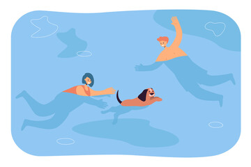 Sticker - People swimming and playing with dog. Fun game of man and woman with pet outdoors flat vector illustration. Summer family vacation with animal concept for banner, website design or landing web page