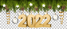 Christmas Holiday Frame With Branches Of Tree Garland And A Golg 2022 Litters On Transparent Background. Vector.