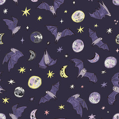 Wall Mural - Halloween bats animals seamless vector pattern