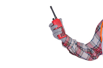 Hand holding walkie-talkie or communication radio isolated on white with clipping paths