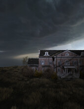 Ominous Dilapidated And Abandoned Mansion On The Prairie Under A Dark Cloudy Sky Illuminated By Dappled Light Through A Tree. 3D Rendering.