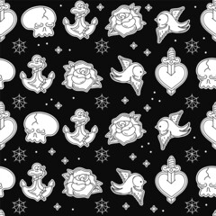 Old school tattoo hipster style seamless pattern. Vector hand drawn doodle cartoon character illustration. Old school traditional tattoo, anchor, swallow, heart and knife, skull, rose seamless pattern