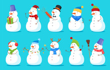 Cute Christmas Snowman Set Vector Flat Illustration. Collection Of Childish Winter Character