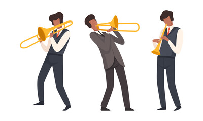 Poster - Man Musician Character Performing Music Playing Flute and Trombone Vector Set