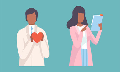 Sticker - Young Man and Woman Doctor in Coat with Heart and Clipboard Vector Set