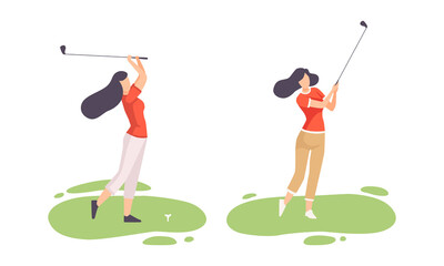 Sticker - Young Woman on Green Lawn Playing Golf as Club-and-ball Sport Game Vector Set