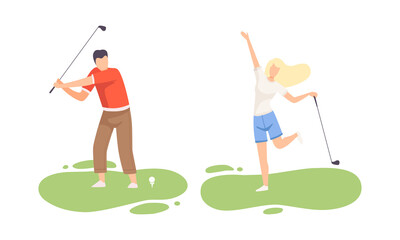 Poster - Young Man and Woman on Green Lawn Playing Golf as Club-and-ball Sport Game Vector Set