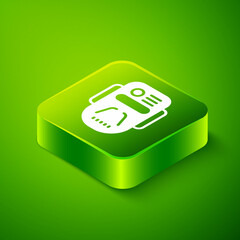 Canvas Print - Isometric Artificial intelligence robot icon isolated on green background. Machine learning, cloud computing. Green square button. Vector