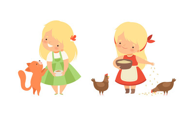 Sticker - Cute Little Girl Interacting with Animal in Petting Zoo Vector Set