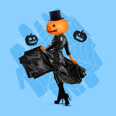 Wall Mural - Contemporary art collage. Ideas, inspiration, magic. Young woman headed of Halloween pumpkin on blue background. Concept of holidays