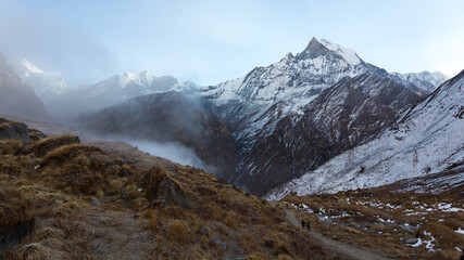 Canvas Print - View of Mount Machapuchare from Nepali meaning Fishtail Mountain, Annapurna Conservation Area, Himalaya, Nepal.