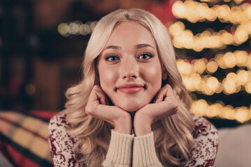 Sticker - Photo of attractive dreamy young lady wear print sweater smiling arms cheeks enjoying noel time indoors house home room