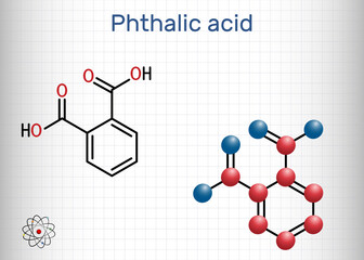 Sticker - Phthalic acid, benzenedicarboxylic acid molecule. It is aromatic dicarboxylic acid. Structural chemical formula and molecule model. Sheet of paper in a cage