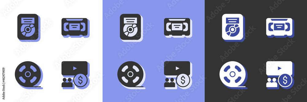 Set Cinema auditorium with screen, CD disk award frame, Film reel and ...