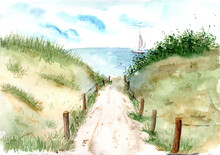 Watercolor Marine Lanscape With A Little Road To The Sea Across The Hills In The Grass And A Little Yacht On The Background