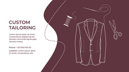 Sewing clothes, clothing, atelier. Custom tailoring. Tailor sews suit, tuxedo, blazer in sewing workshop. Bespoke, made to measure, tailoring-designed outfit. Color flat vector illustration. Isolated 