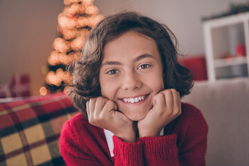 Sticker - Photo of charming dreamy boy dressed red sweater hands arms cheeks cheekbones waiting new year indoors room home house