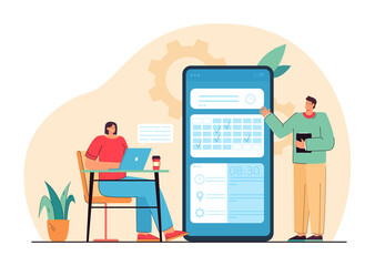 Company workers launching new mobile app flat vector illustration. New product as daily meeting organizer for businessman, calculator and budget planner. Concept of startup, application development