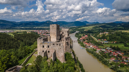 Aerial view of the castle in the village of Strecno in Slovakia