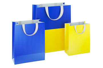 Canvas Print - Shopping bags with Ukrainian flag. Shopping in Ukraine, concept. 3D rendering