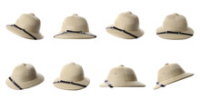 Set With Stylish Safari Hats On White Background, Banner Design. Trendy Headdress