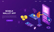 © Rudzhan - Mobile wallet app. Money transfers via Internet, girl pays for purchases from her smartphone. Landing page template, bank card. Cartoon volumetric vector illustration isolated on violet background