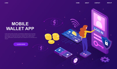 Mobile wallet app. Money transfers via Internet, girl pays for purchases from her smartphone. Landing page template, bank card. Cartoon volumetric vector illustration isolated on violet background
