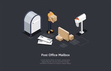 Isometric Composition, Vector Design. 3D Cartoon Style Illustration With Writing On Post Office Mailbox Concept. Posting Service. Female Staff Worker In Uniform With Cardboard Box, Envelopes, Letters.