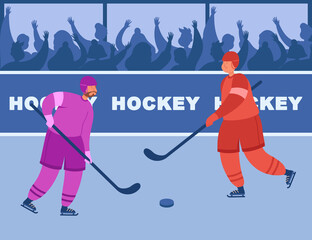 Two hockey players of different teams fighting for puck. Ice hockey championship with spectators free flat vector illustration. Sport, championship, competition, games concept for wallpaper or adverts