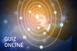 © New Africa - Quiz online. Man pointing at icons on virtual screen against color background, closeup