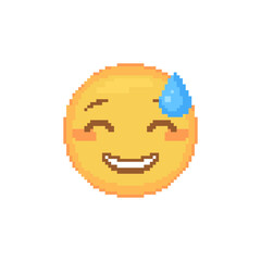 Wall Mural - Pixel art Grinning emoticon with Sweat. Retro pixel emoji with blue bead of sweat nerves yellow face. Cute cartoon kawaii vector social media sweaty icon. 8 bit style Happy Sweat emoji yellow smile.
