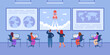 People watching cosmic launch of satellite or ship inside command center. Orbital space flight mission control center room flat vector illustration. Space and surveillance concept