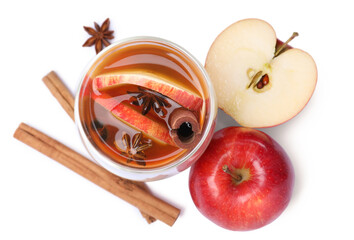 Poster - Hot mulled cider and ingredients on white background, top view