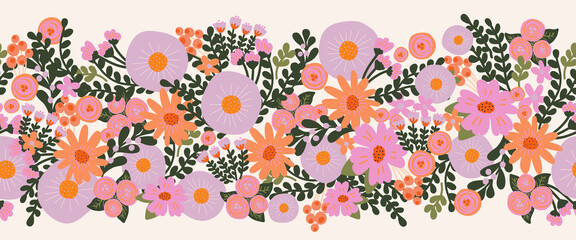 Wall Mural - Seamless flower vector border hand drawn. Decorative repeating floral horizontal pattern design purple pink orange flowers. Beautiful floral banner for decor, ribbons, footer, fabric trim.