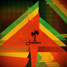 Rasta Banner With Jamaica Palms Black Logo. Green, Yellow, Red Colors Of Rastafarian Flag Background. Vector Illustration.