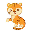 Cute little tiger character. Symbol of 2022 year. Wild kitten, jungle animal for kids design cards, T-shirt and posters. Cartoon striped baby tiger. Vector illustration isolated on a white background.