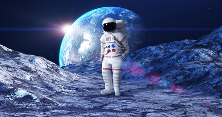Wall Mural - an astronaut confused and looking around. planet earth on background. space and technology related 3