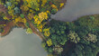 Aerial view of two lake and autumn forests on morning. Place for fishing