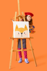 Poster - Cute little painter on color background