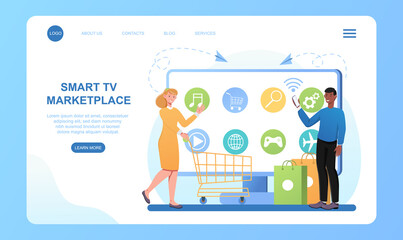 Smart TV marketplace. Purchase of goods via Internet, delivery to selected address. Girl chooses devices from home. Smart TV applications. Cartoon flat vector illustration isolated on white background