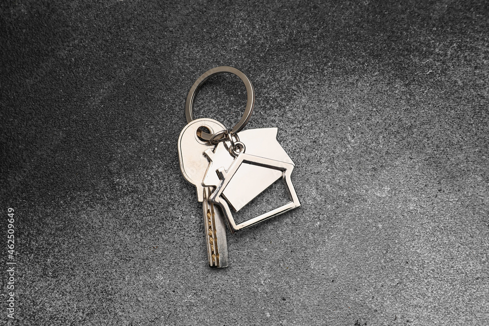 Key with house shape keychain on dark background